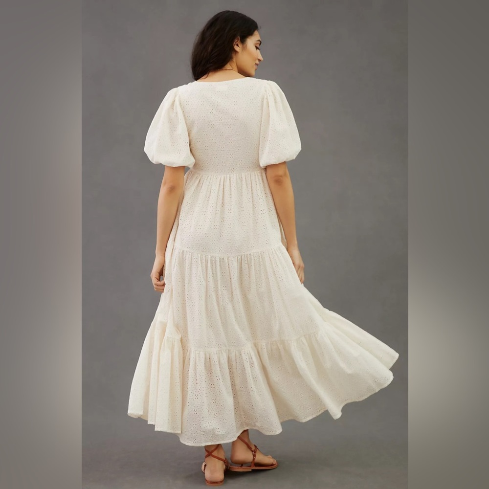 MOTHER Cotton Eyelet Puff Sleeve V-Neck Maxi Dress - Picture 2 of 9